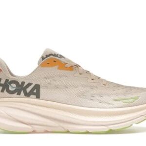Hoka Clifton 9 Beige and Lime Athletic Shoes